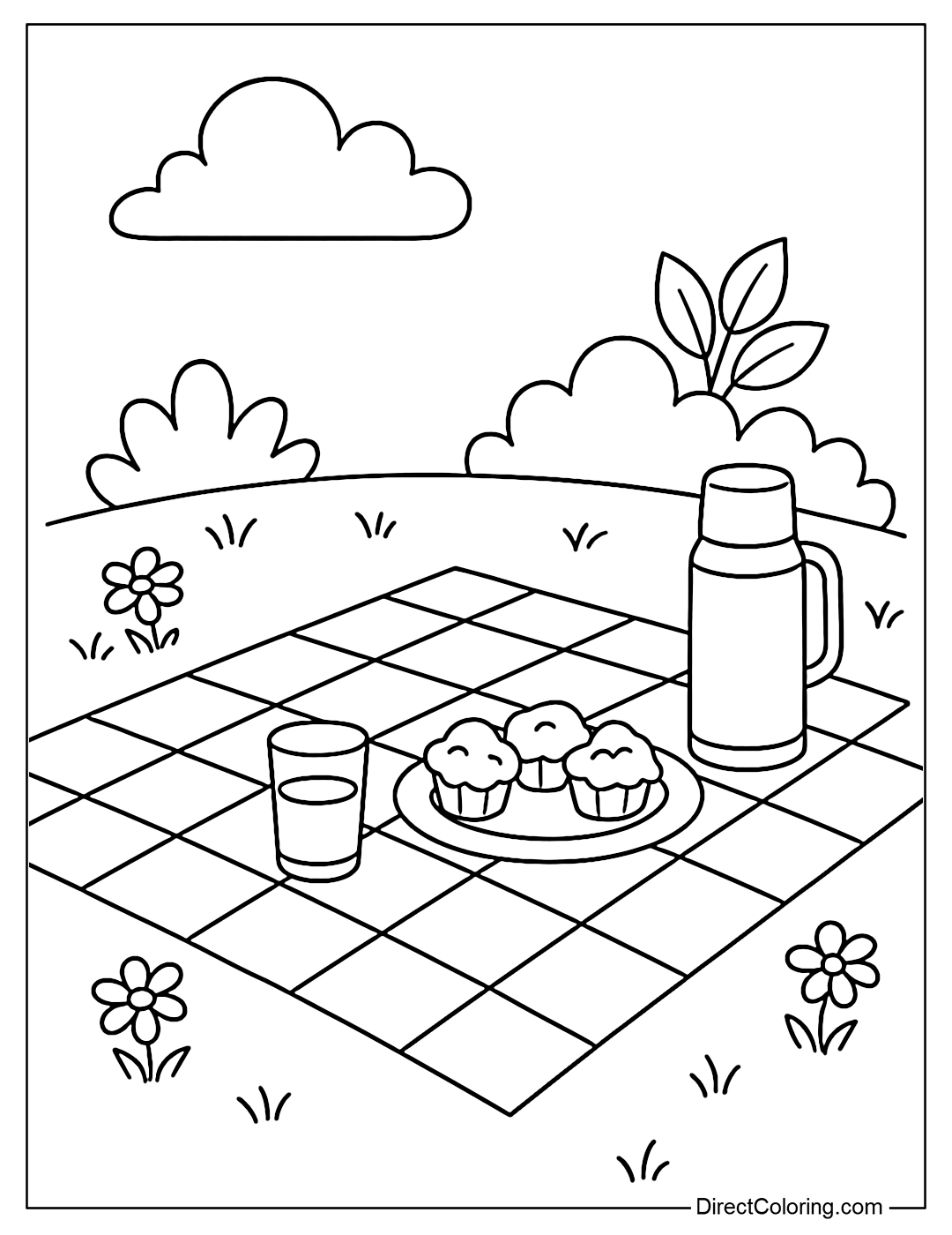 Coloring page of a neat picnic mat with a plate of cakes, a glass of water and a thermos.